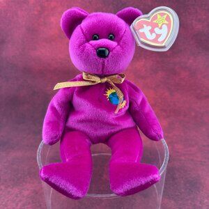 TY BEANIE BABIES "MILLENIUM" BEAR PLUSH TOY - PURPLE 1999 w/ TAG PROTECTOR